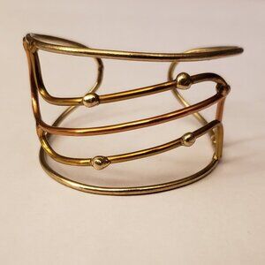 Vintage Women's Abstract Wire Cuff Bracelet Two-Tone Boho Stripe Slant Goldtone 